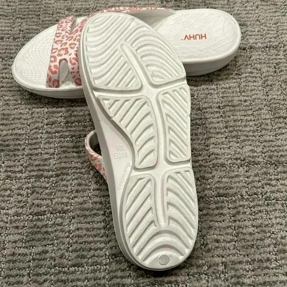 White & Pink Leopard Print Slide Sandals - Picture 6 of 7